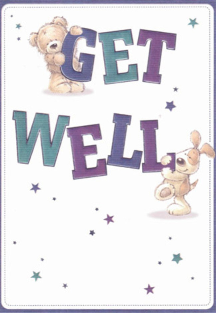 This vibrant get well card is awash with comfort and gentle encouragement, featuring a pair of adorable friends whose warmth echoes through the streets of Harlesden. The fluffy bear sits atop bold, confident letters spelling 'GET' in harmonious shades of purple and teal, its soft fur and rounded silhouette evoking loving care. Close by, the puppy-ears velvety, eyes shining-cradles the 'WELL', its joyous energy adding a playful spirit to the scene. Above the creamy background, playful stars scattered in blues, purples, and aquas float through the air, like well wishes drifting from Harlesden High Street to neighbourhood homes. The tactile textures in the illustration recall the subtle feel of fresh petals in a hand-tied bouquet, arranged for a friend or family member in need. The typography's friendly boldness grounds the design, making the card an ideal pairing with a get well arrangement from a local shop. Altogether, the scene radiates positivity, charm, and genuine compassion-sentiments that mirror Harlesden's community spirit, making this card a lovely way to aid a loved one's recovery.