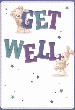 A scene of cheerful optimism unfolds on this get well card, perfectly suited for someone recuperating in Harlesden. The artwork spotlights a friendly teddy bear perched confidently on the 'GET'-its soft fur and gentle expression practically inviting a smile-while below, a bright-eyed puppy leans affectionately against the bold 'WELL'. Their rounded shapes and warm glances echo the welcoming nature of Harlesden's community, hinting at the nurturing touch found at local florists around Park Parade. The text, shaded in rich teals and purples, pops boldly against a spotless white background, creating a vibrant sense of clarity and calm-just the kind of reassuring atmosphere desired during times of recovery. Interspersed star motifs, shimmering in blues and indigos, add a sprinkle of magic to the message, reminding one of peaceful evenings near Roundwood Park. As a florist, this composition brings to mind the joy of arranging get well bouquets-each detail thoughtfully selected to brighten another's day. This card blends artistic playfulness with genuine sentiment, offering heartfelt comfort and hope to anyone in Harlesden on the mend.